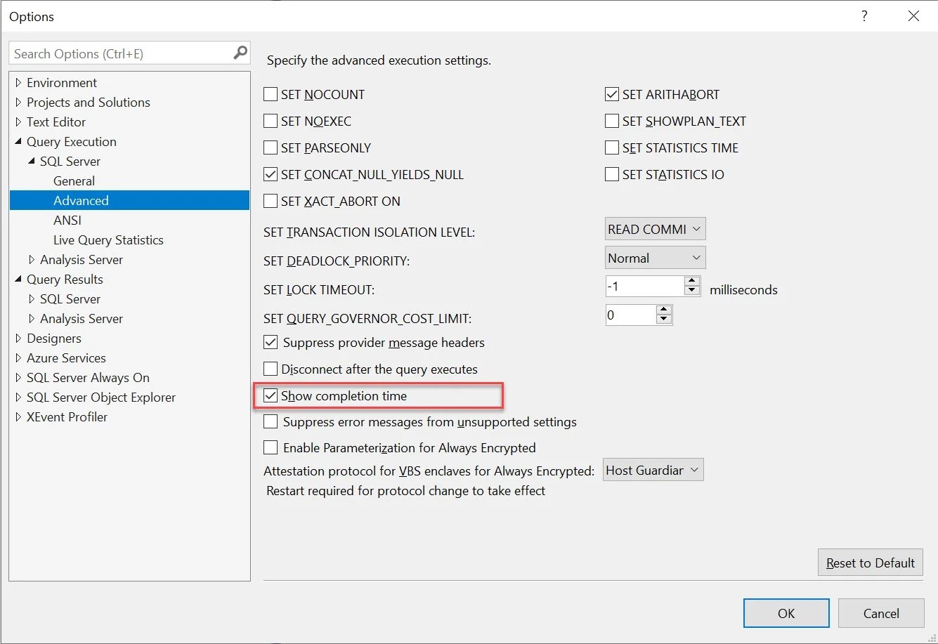 SQL SERVER Management Studio Removing Completion Time in Messages